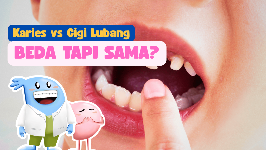 Latar karies gigi pada anak dengan maskot dokter Dentes di depan, berjudul Karies vs. Gigi berlubang: Beda tapi sama?