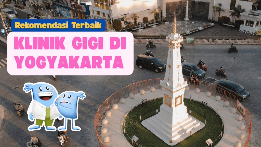 Rekomendasi Klinik Gigi Terbaik di Yogyakarta – Tugu Jogja dengan karakter kartun gigi Sahabat Dentes