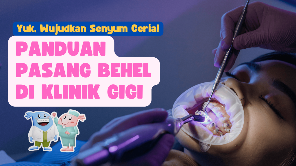 Panduan pasang behel di klinik gigi dengan ilustrasi karakter dan proses pemasangan kawat gigi